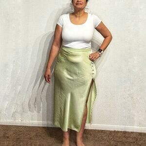 Intimately Free People Lime Green Satin Midi Skirt Sz L